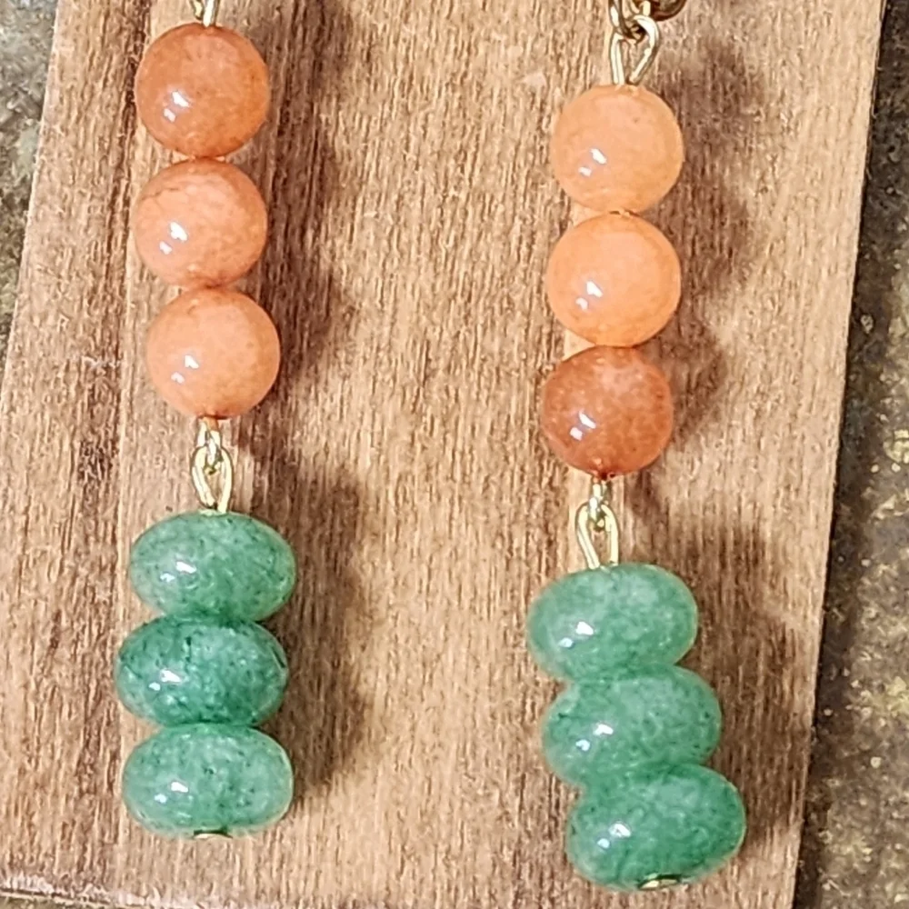 Earrings Beaded Gemstone Long Dangle Drop Chakra Boho Adventurine Peach Green